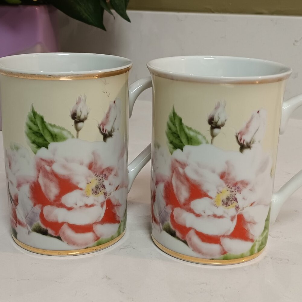 2 Konitz Rose Floral Coffee Teacups - White Pink W/ Gold Bands Top Bottom